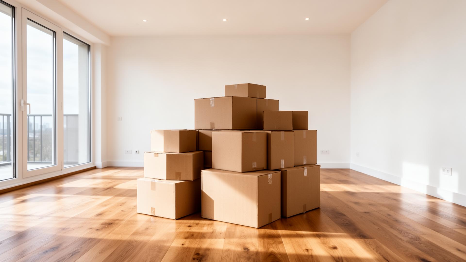 A family unpacking moving boxes in a sunlit, empty living room