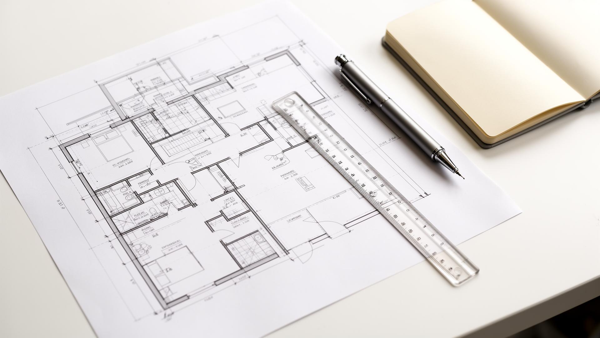 Hands reviewing a floor plan and notebook next to a coffee cup and house key, top-down