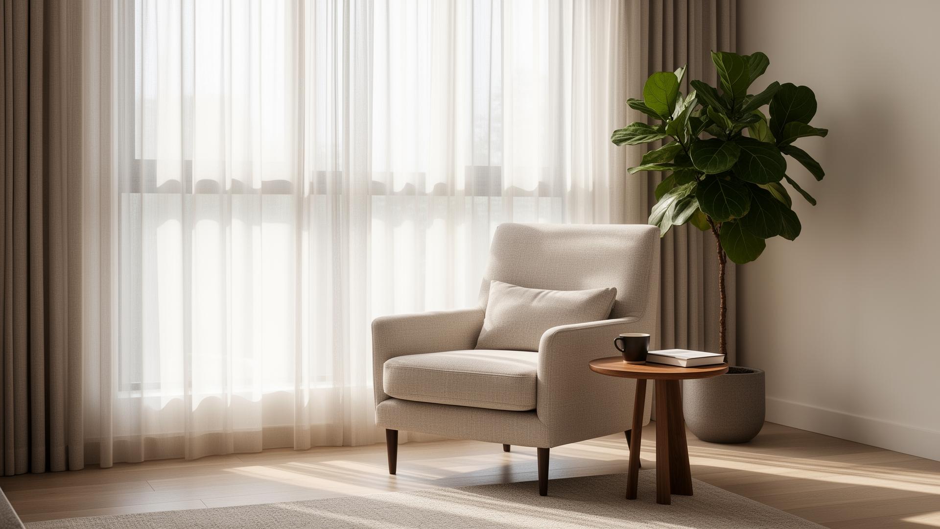 A sunlit minimalist reading nook with a linen chair and long shadows across pale oak floors